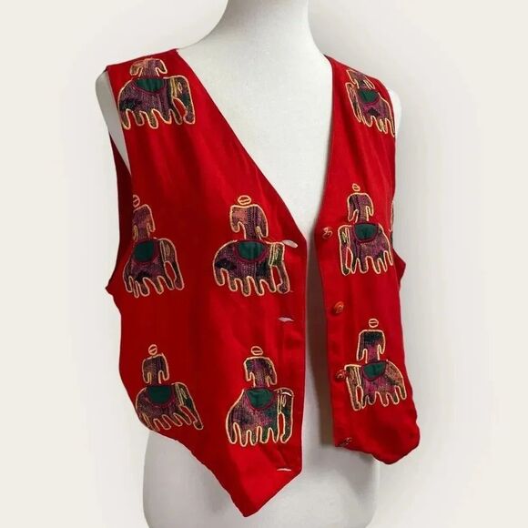 90's Vintage red embroidered vest. Women's small. Fall gold green tapestry - Picture 4 of 16
